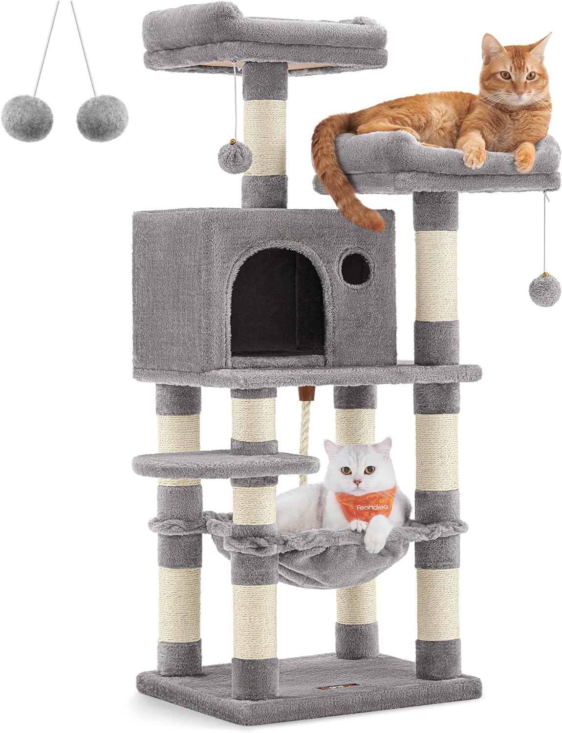 Feandrea Cat Tree, 44.1-Inch Cat Tower for Indoor Cats, Multi-Level Cat Condo with 11 Scratching Posts, 2 Perches, Cave, Hammock, Light Gray UPCT215W01