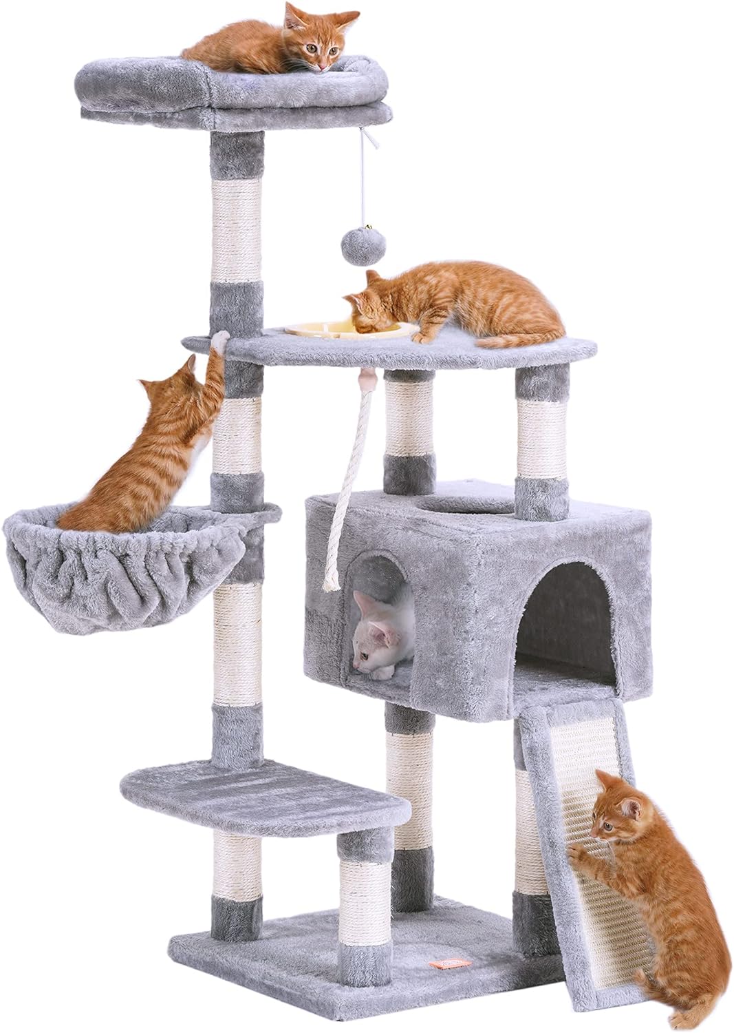 Heybly Cat Tree, Cat Tower for Indoor Cats with Scratching Board, Multi-Level Cat Furniture Condo with Feeding BowlLight Gray HCT010W