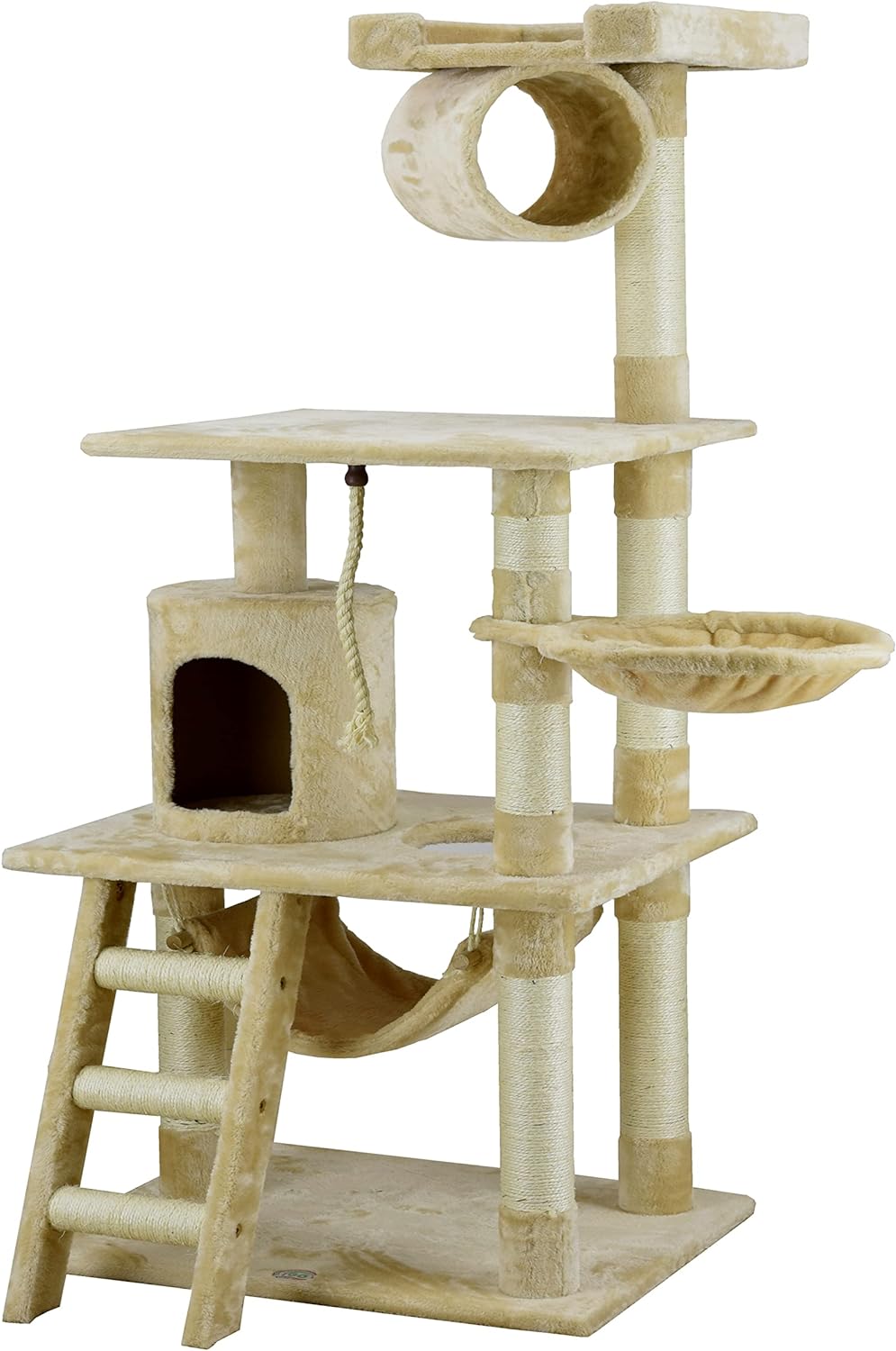 Go Pet Club Classic Cat Tree, Faux Fur Finish, Sisal Rope Scratcher, 62H, Beige