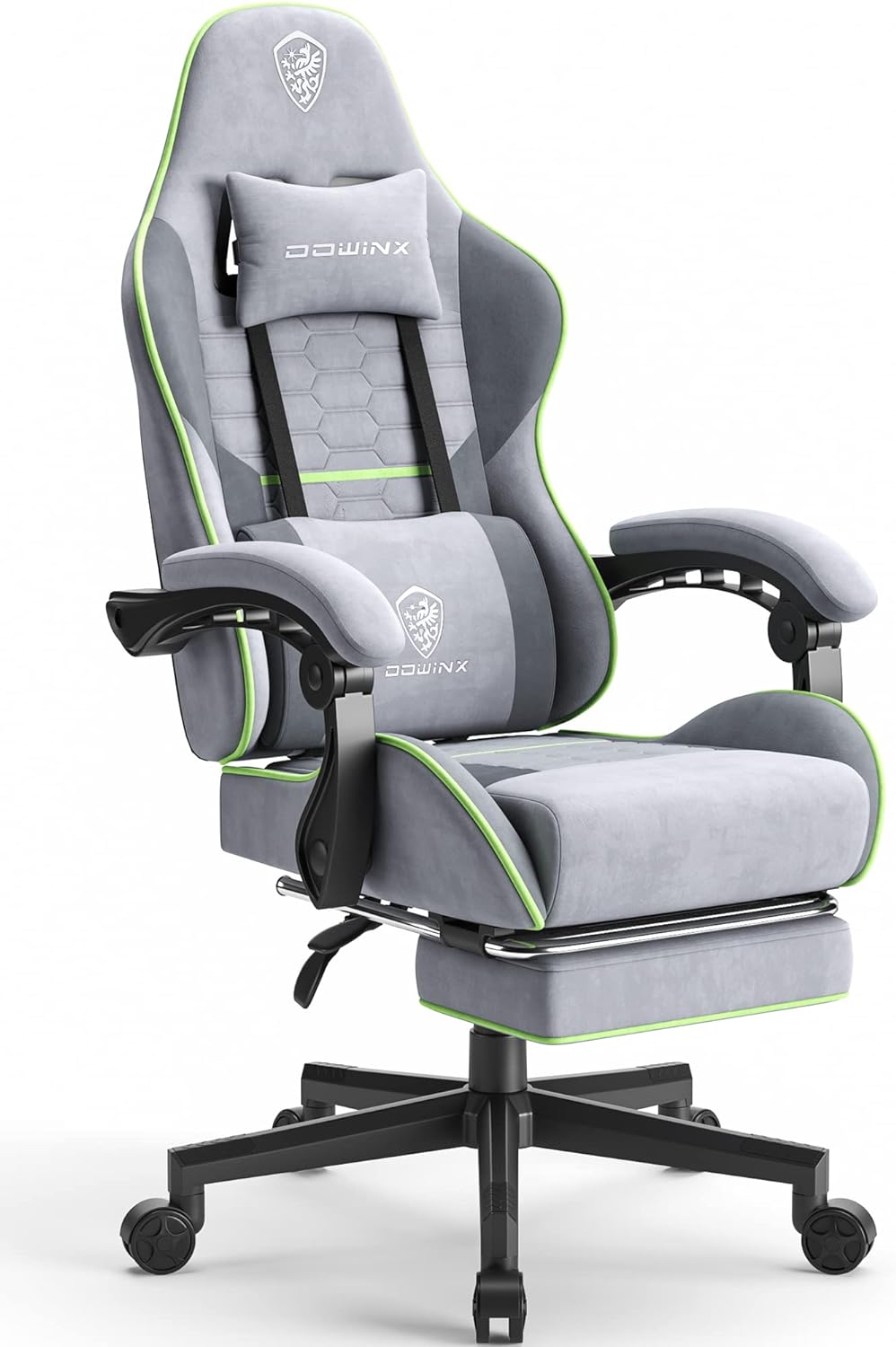 Dowinx Gaming Chair Fabric with Pocket Spring Cushion, Massage Game Chair Cloth with Headrest, Ergonomic Computer Chair with Footrest 290LBS, Light Grey