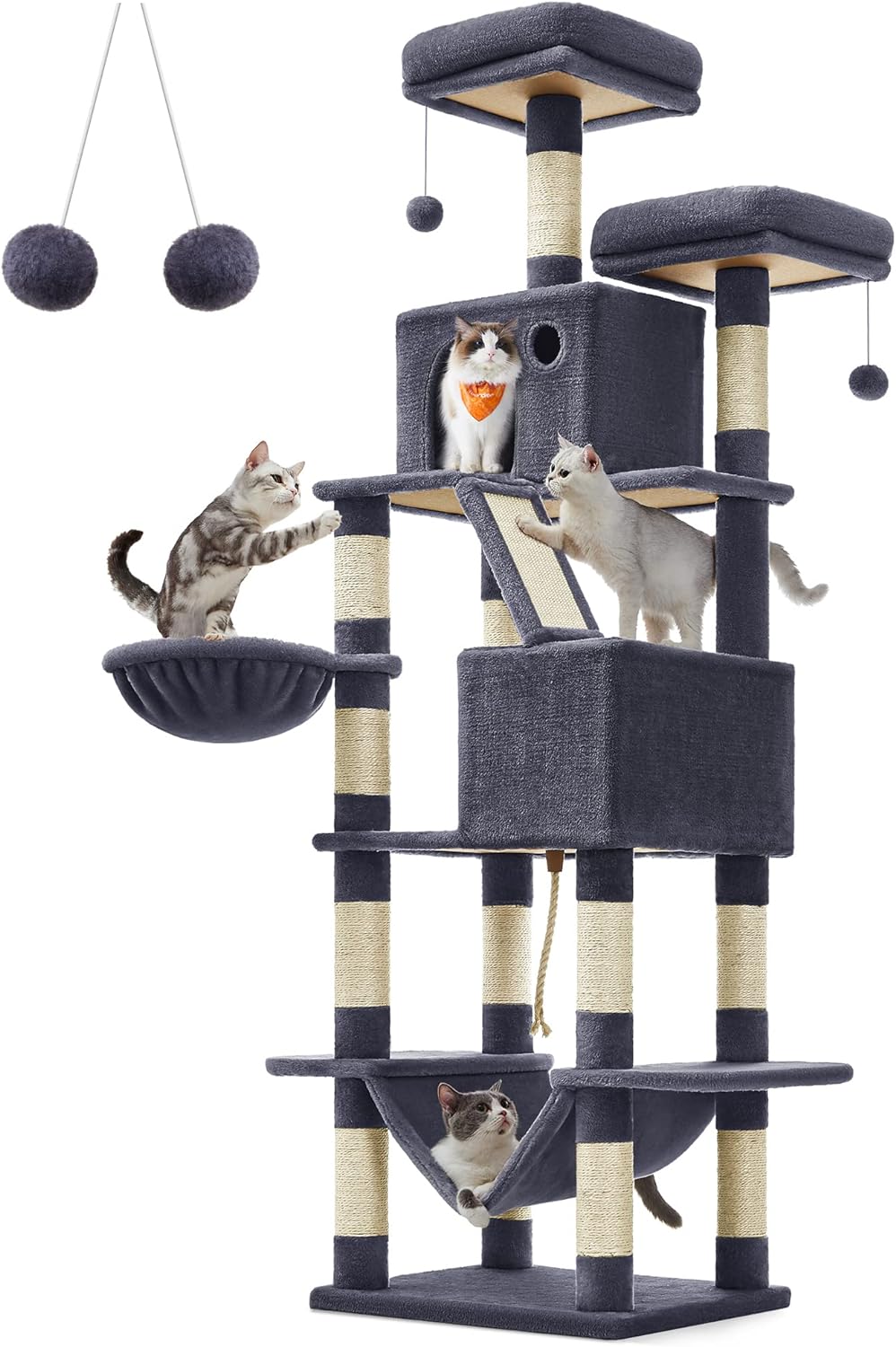 Feandrea Cat Tree, 81.1-Inch Large Cat Tower with 13 Scratching Posts, 2 Perches, 2 Caves, Basket, Hammock, Pompoms, Multi-Level Plush Cat Condo for Indoor Cats, Smoky Gray UPCT190G01