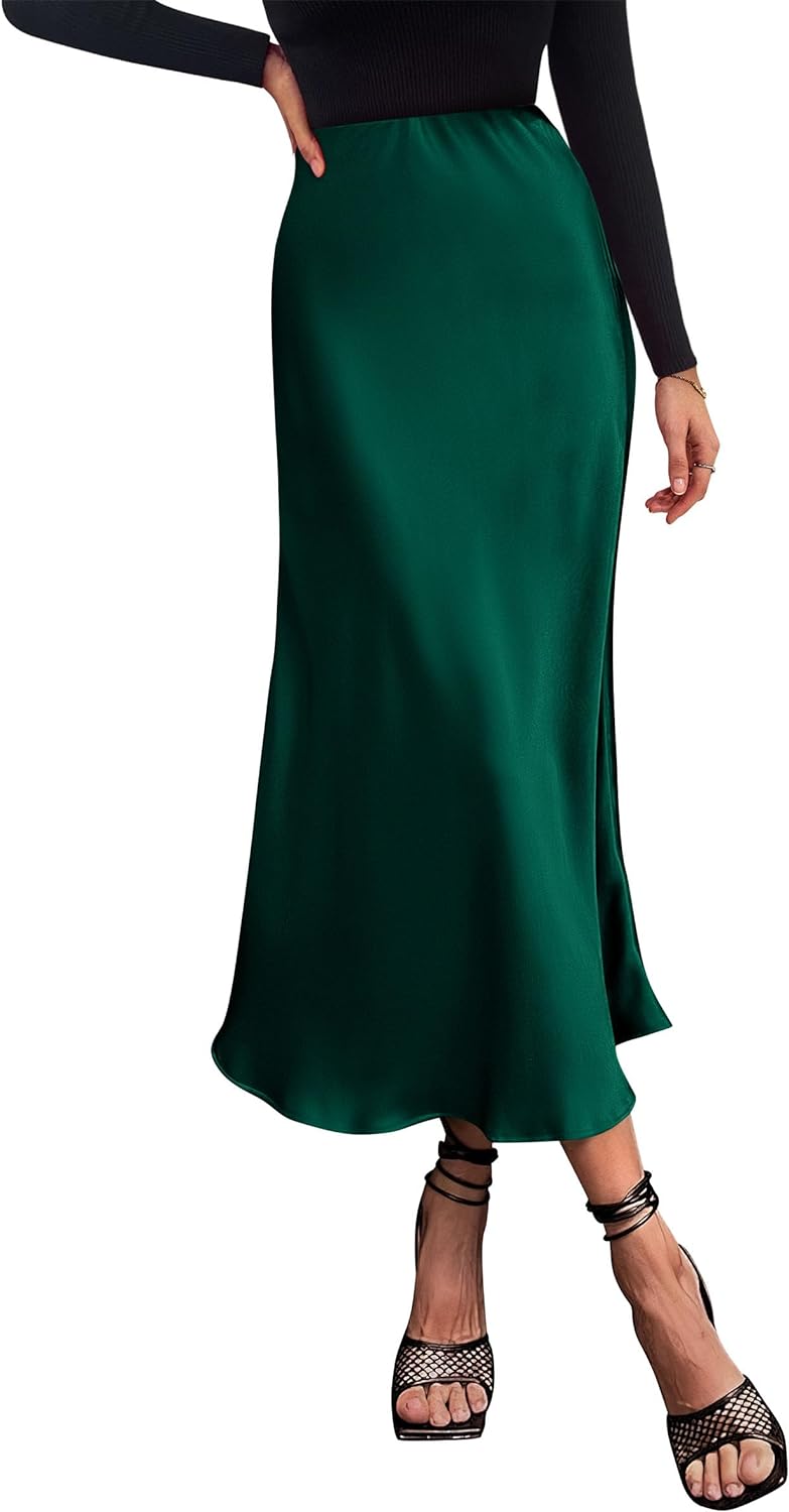 PRETTYGARDEN Women' Midi Satin Skirt Dressy Casual High Waisted A Line Flowy Ruffle Elegant Party Skirts