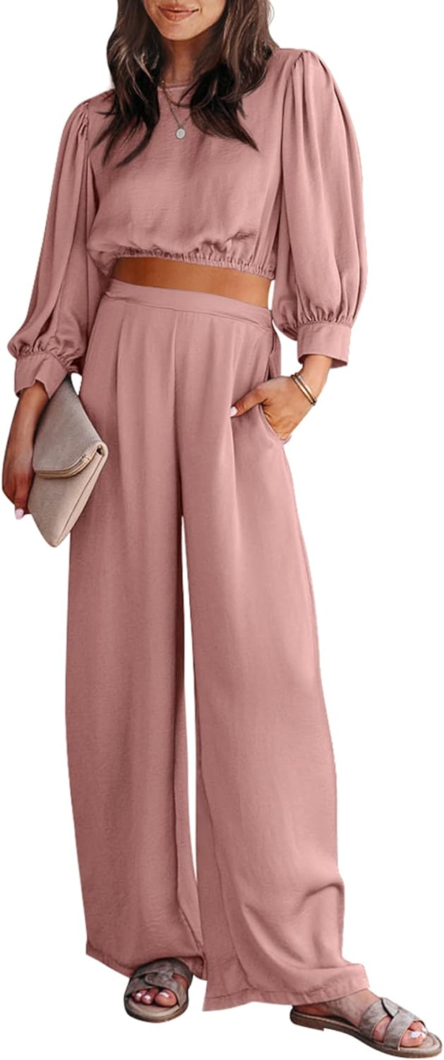 PRETTYGARDEN Women' 2 Piece Satin Outfits Casual Puff Sleeve Crop Tops and Long Palazzo Pants