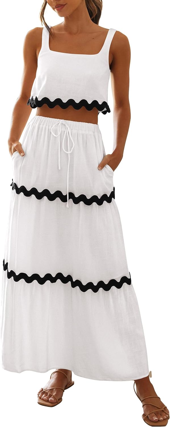 PRETTYGARDEN Women' Summer 2 Piece Beach Outfit Casual Sleeveless Cropped Tank Top High Waisted Maxi Skirt Set