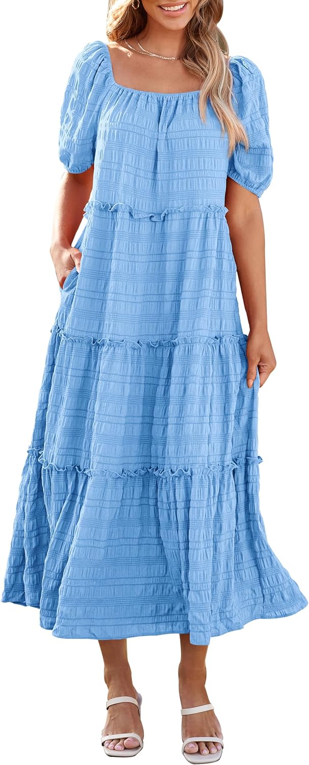 PRETTYGARDEN Women' Summer Maxi Dress Short Sleeve Square Neck Ruffle Tiered Flowy Casual Boho Long Dresses with Pockets