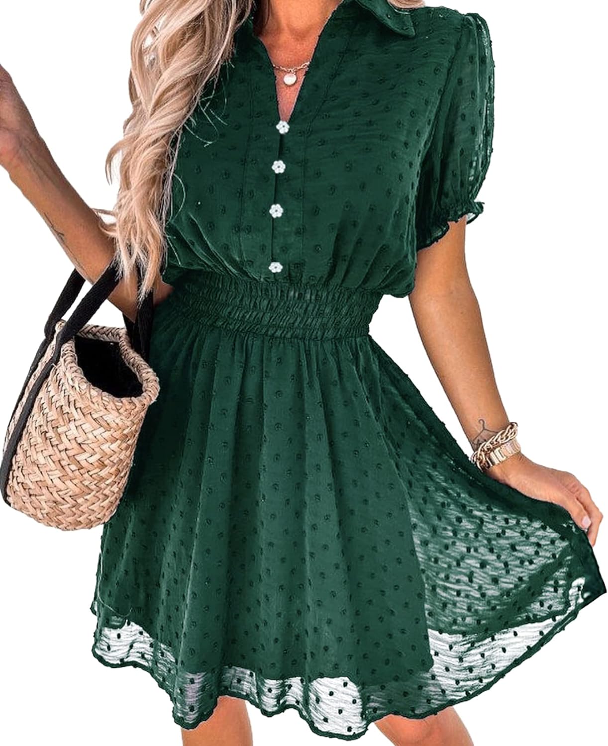 PRETTYGARDEN Women' Summer Dress Casual V Neck Short Sleeve Swiss Dots Elastic Waist A-line Flowy Mini Dresses