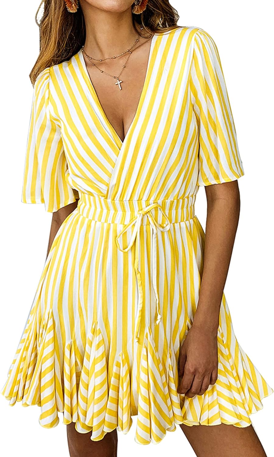 PRETTYGARDEN Women' Casual Summer Striped Dress Short Sleeve Wrap V Neck Ruffle Hem Mini Skater Dresses