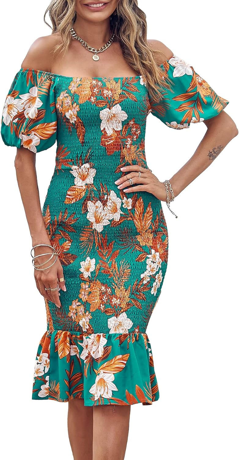 PRETTYGARDEN Women' Summer Floral Midi Bodycon Dresses Short Puff Sleeve Square Neck Ruffle Hem Mermaid Cocktail Dress