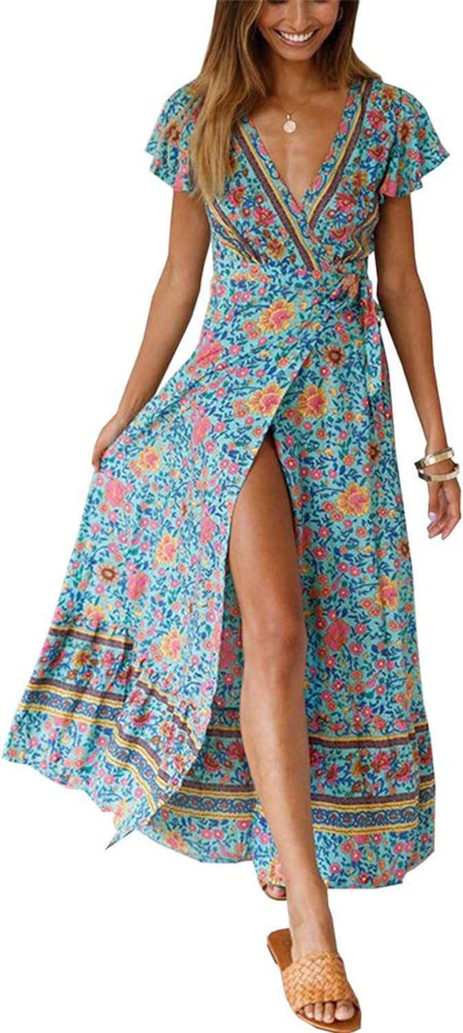 PRETTYGARDEN Women Boho Summer Side Split Deep V Neck Short Sleeves Maxi Dress with Belt