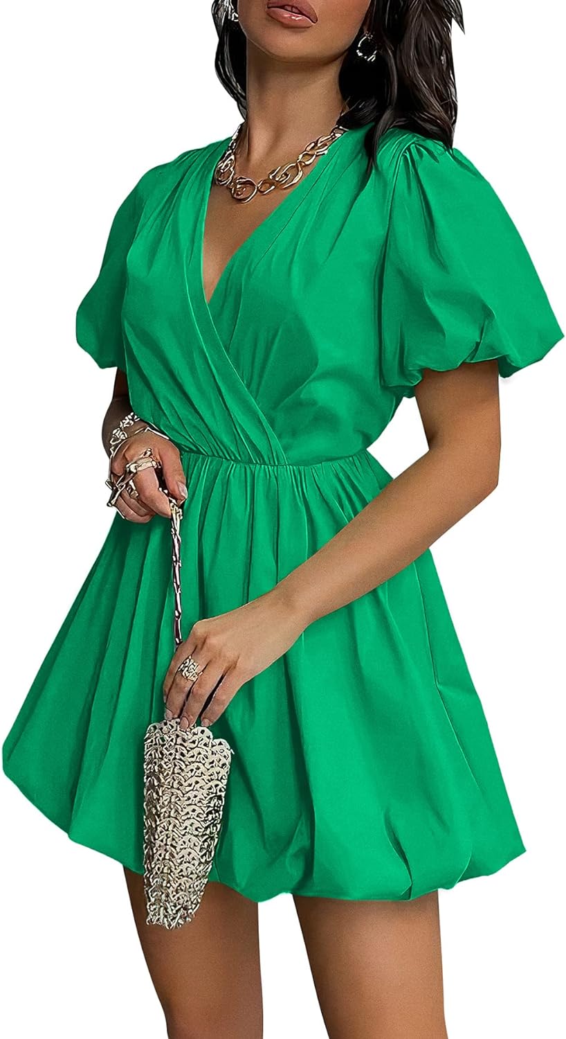 PRETTYGARDEN Women' Short Summer Dresses Casual Puffy Sleeve Wrap V Neck Ruffle Solid Color Flare Dress