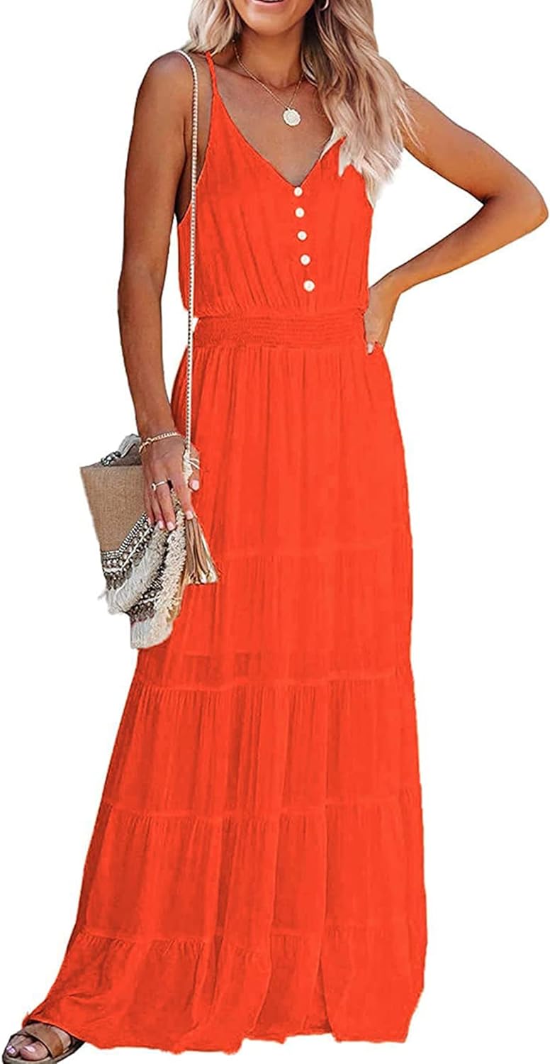 PRETTYGARDEN Women' Casual Summer Dress Spaghetti Strap Sleeveless High Waist Beach Long Maxi Sun Dresses