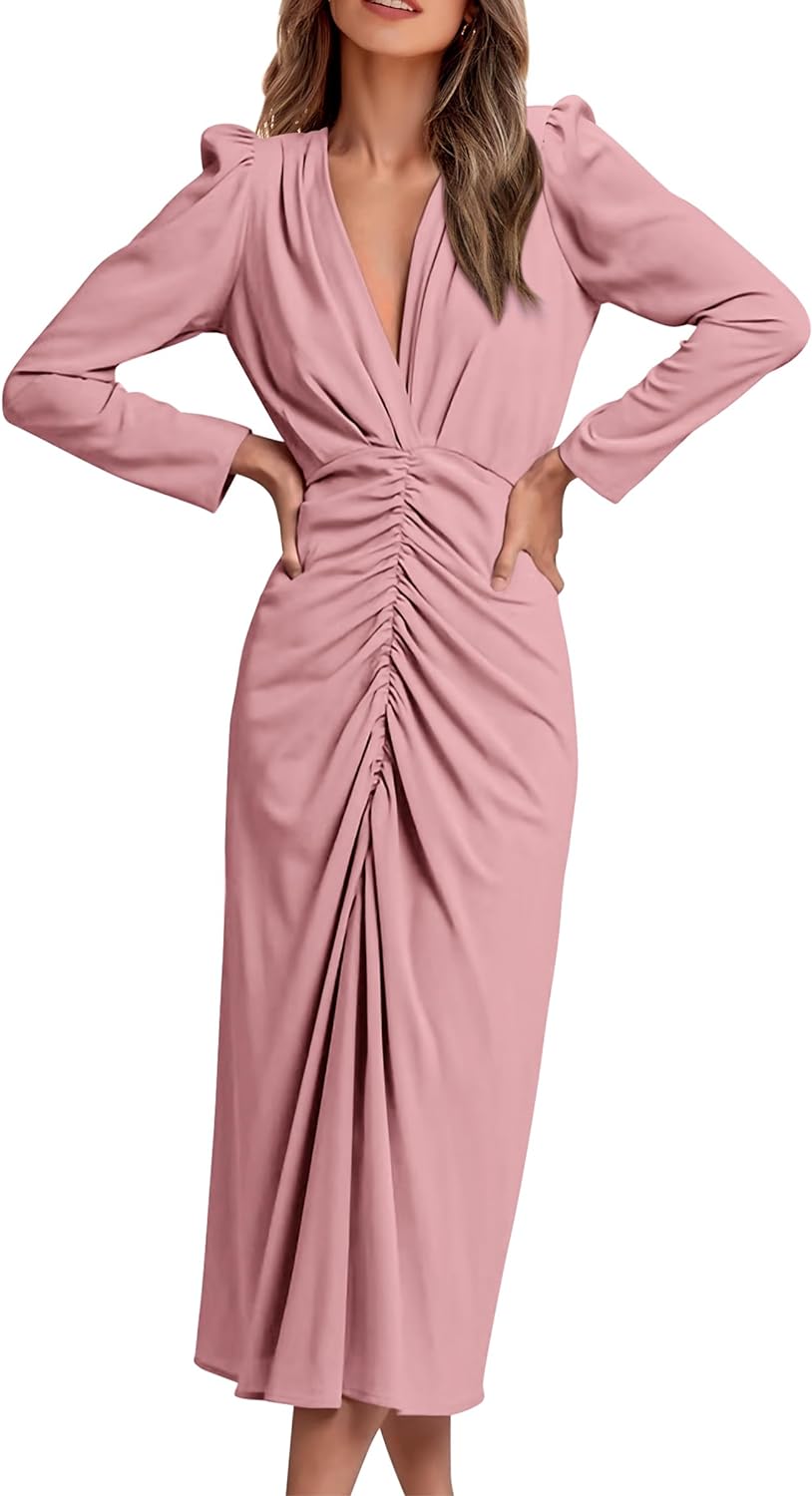 PRETTYGARDEN Women' 2023 Fall Maxi Dress Long Sleeve Deep V Neck Ruched Slit Casual Formal Elegant Party Cocktail Dresses