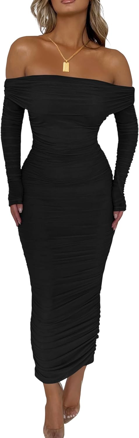 PRETTYGARDEN Women' Fall Off Shoulder Maxi Bodycon Dress Long Sleeve Ruched Fitted Club Dresses with Slit