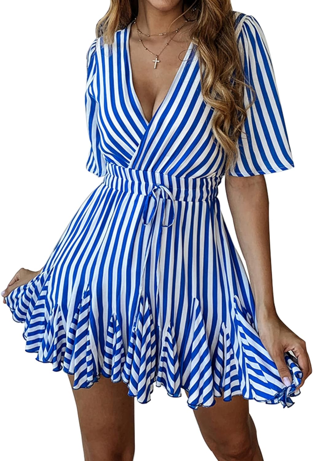 PRETTYGARDEN Women' Casual Summer Striped Dress Short Sleeve Wrap V Neck Ruffle Hem Mini Skater Dresses