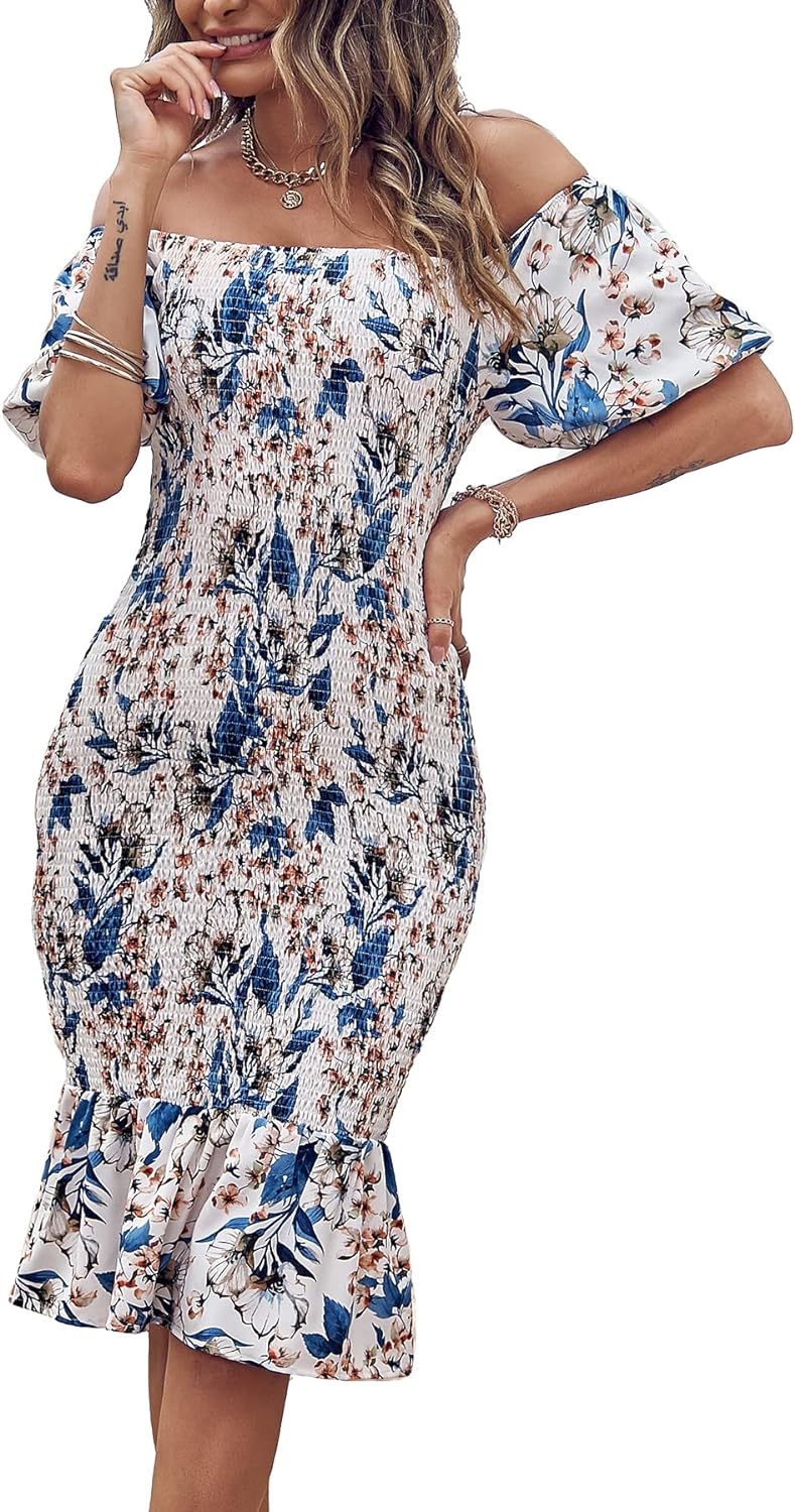 PRETTYGARDEN Women' Summer Floral Midi Bodycon Dresses Short Puff Sleeve Square Neck Ruffle Hem Mermaid Cocktail Dress