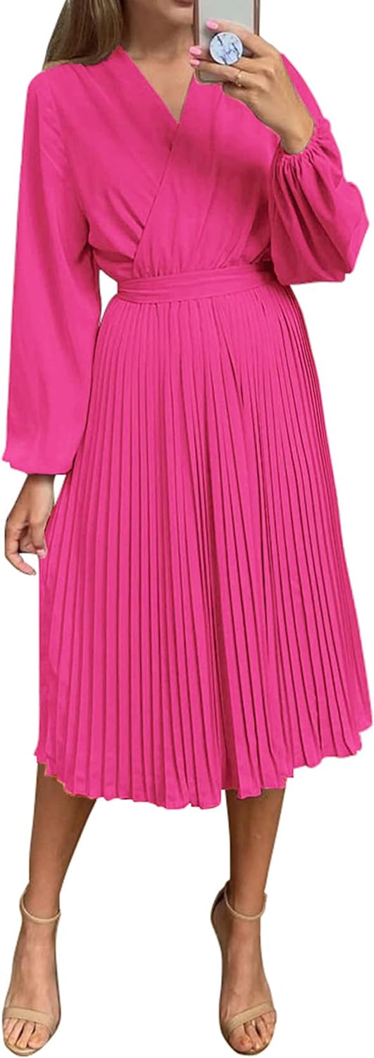 PRETTYGARDEN Women' Spring Midi Dress Long Puff Sleeve Wrap V Neck Flowy Ruffle Pleated Casual Fall Dresses