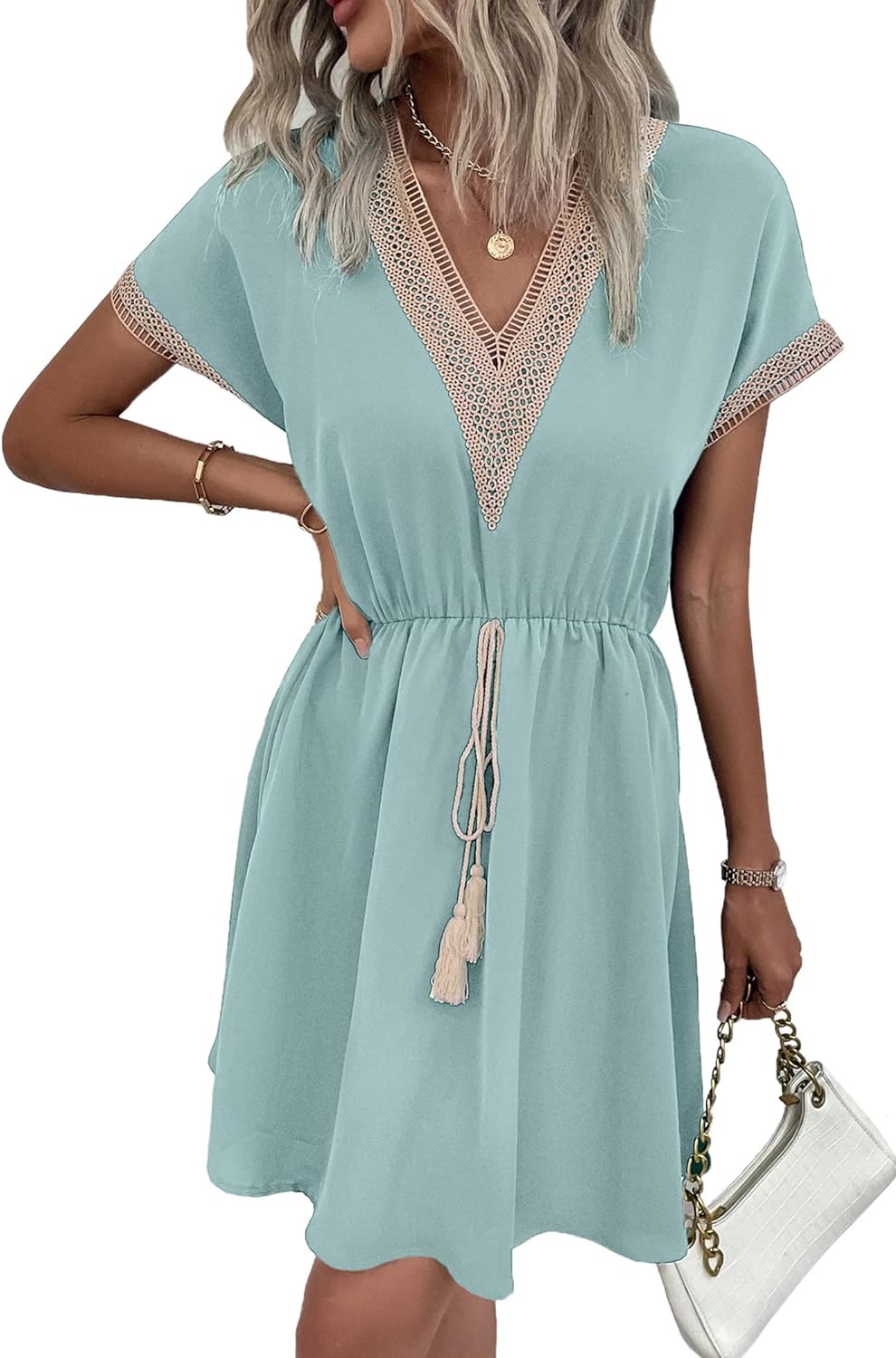 PRETTYGARDEN Women' Casual Summer Dresses Trimmed Short Sleeve V Neck Tie Front Flowy Dress