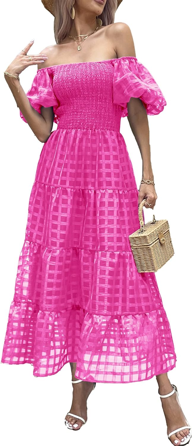 PRETTYGARDEN Women' Casual Summer Midi Dress Puffy Short Sleeve Square Neck Smocked Tiered Ruffle Dresses