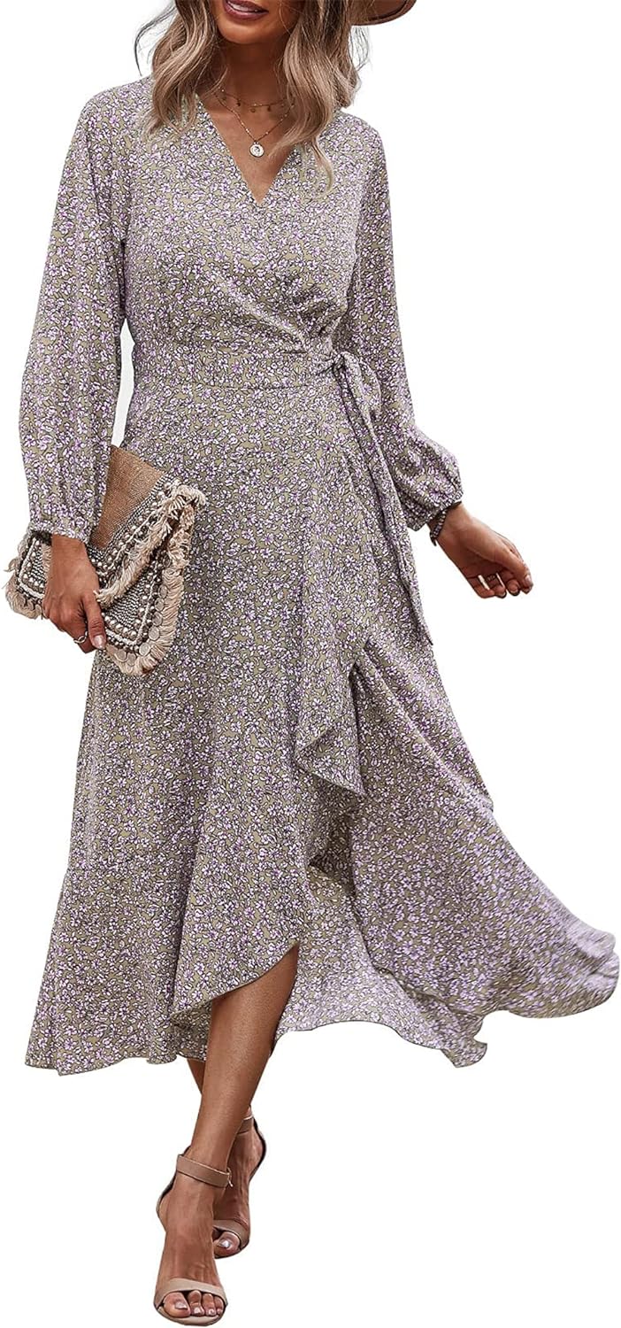 PRETTYGARDEN Women' Long Sleeve Vintage Flowy Dress Floral Print V-Neck Maxi Dresses with Belt