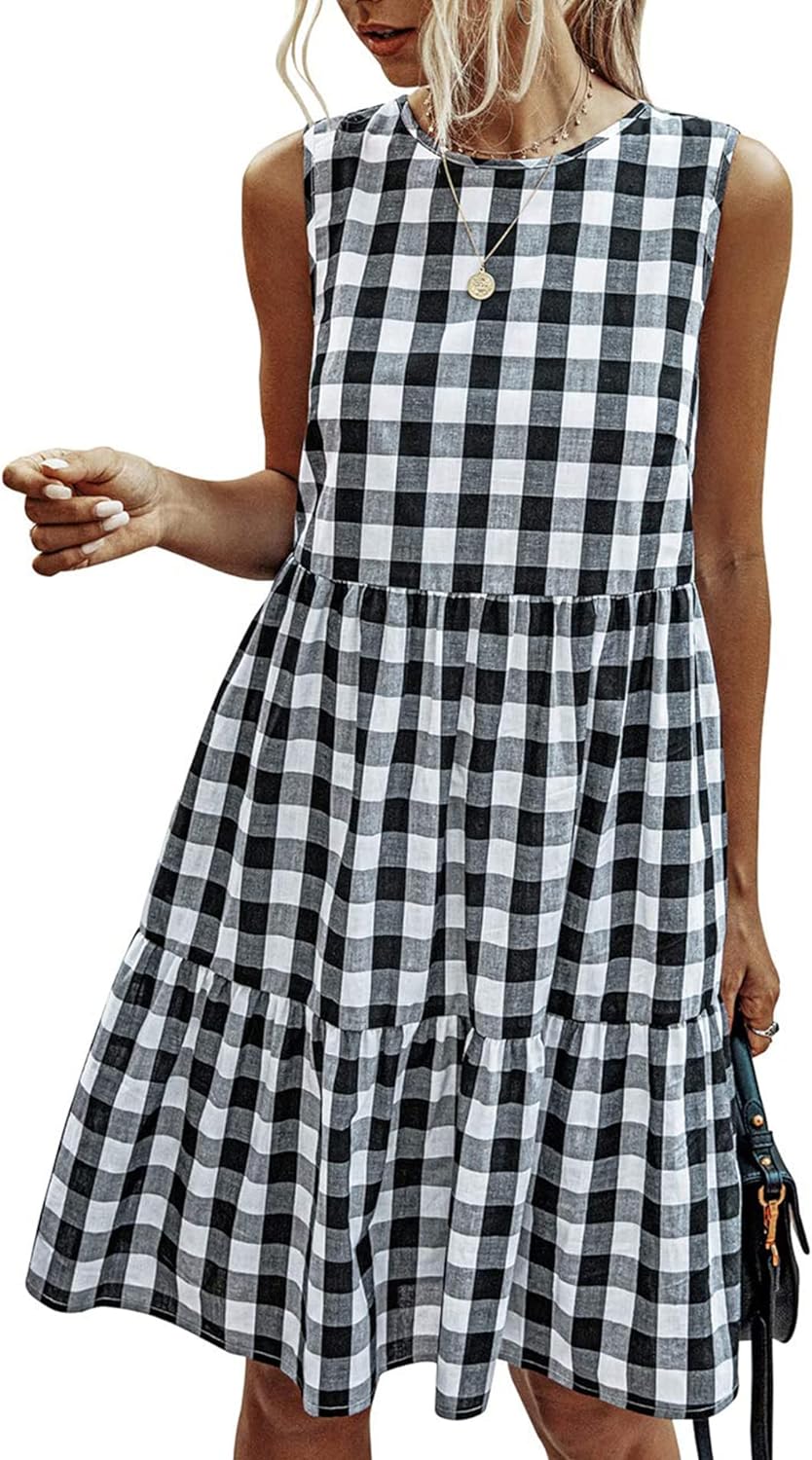 PRETTYGARDEN Women' Casual Plaid Sleeveless Ruffle Sundress Round Neck A-Line Pleated Mini Short T Shirt Dress with Pockets