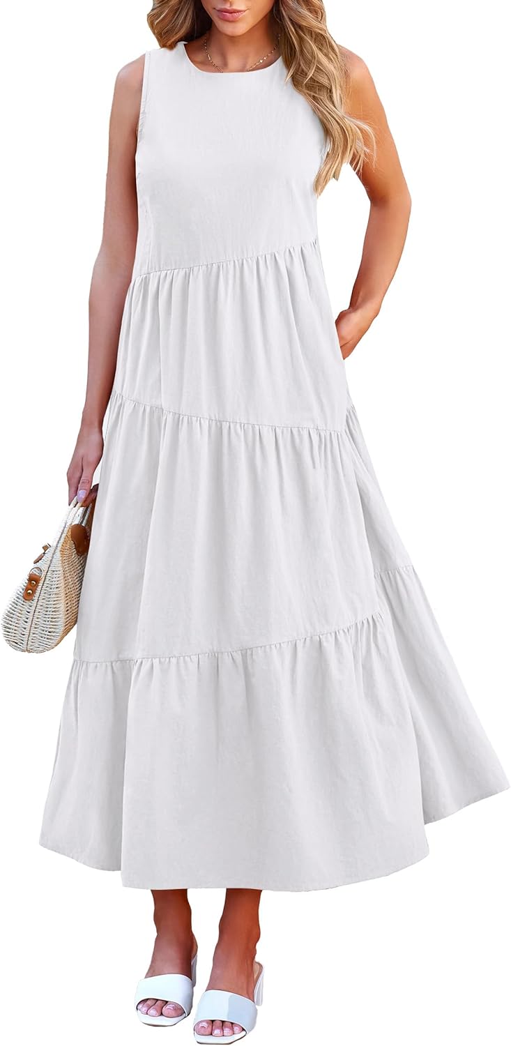 PRETTYGARDEN Women' 2024 Summer Casual Midi Dress Sleeveless Long Flowy Tiered Cute Vacation Beach Sundresses with Pockets