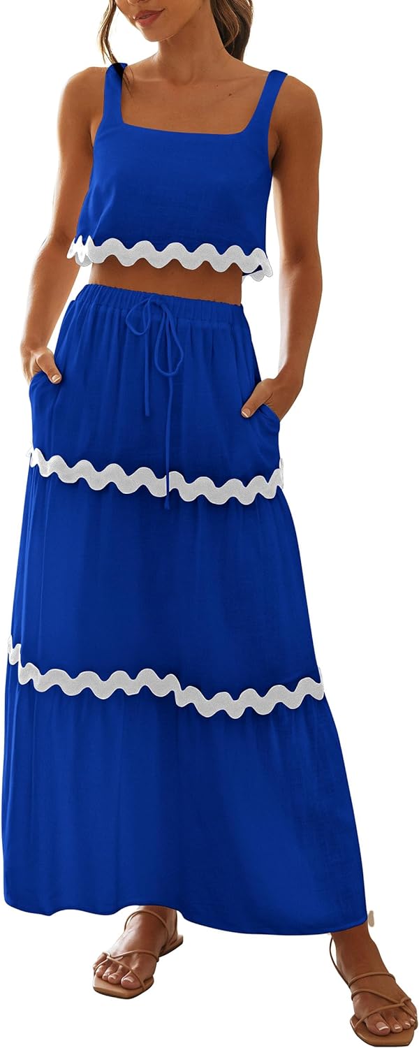 PRETTYGARDEN Women' Summer 2 Piece Beach Outfit Casual Sleeveless Cropped Tank Top High Waisted Maxi Skirt Set