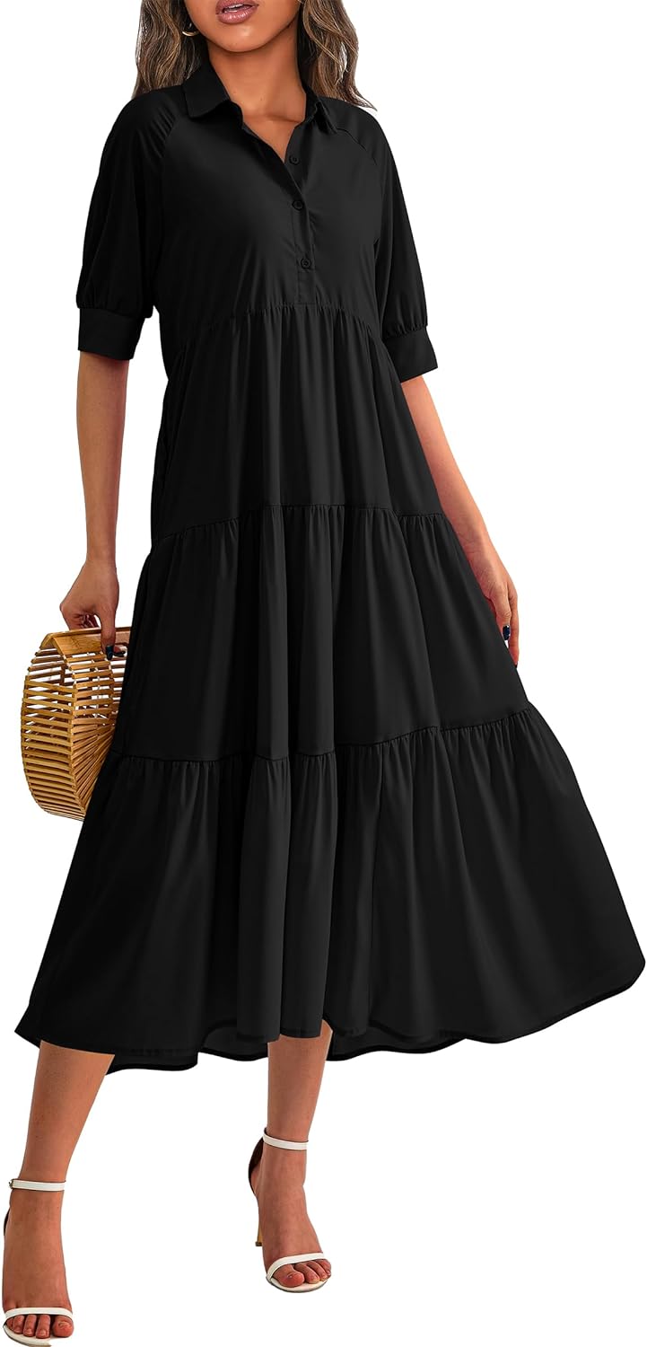 PRETTYGARDEN Summer Dress for Women Short Sleeve Button Up Ruffle A Line Flowy Maxi Dresses