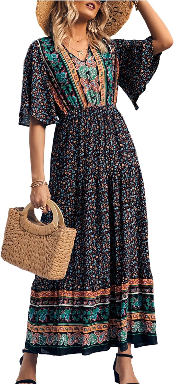 PRETTYGARDEN Women' Casual Summer Boho Floral Print Dress V Neck Short Sleeve High Waist Long Maxi Beach Dresses