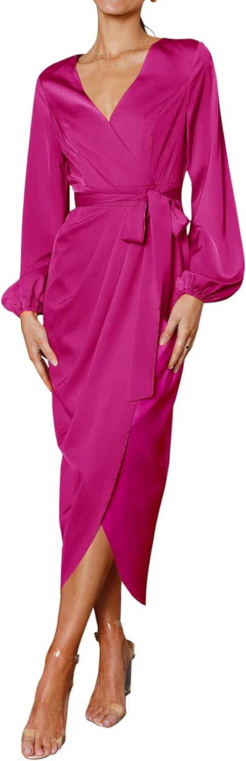 PRETTYGARDEN Women' Maxi Satin Dress Puff Sleeve Wrap V Neck Ruched Belted Long Formal Cocktail Dresses