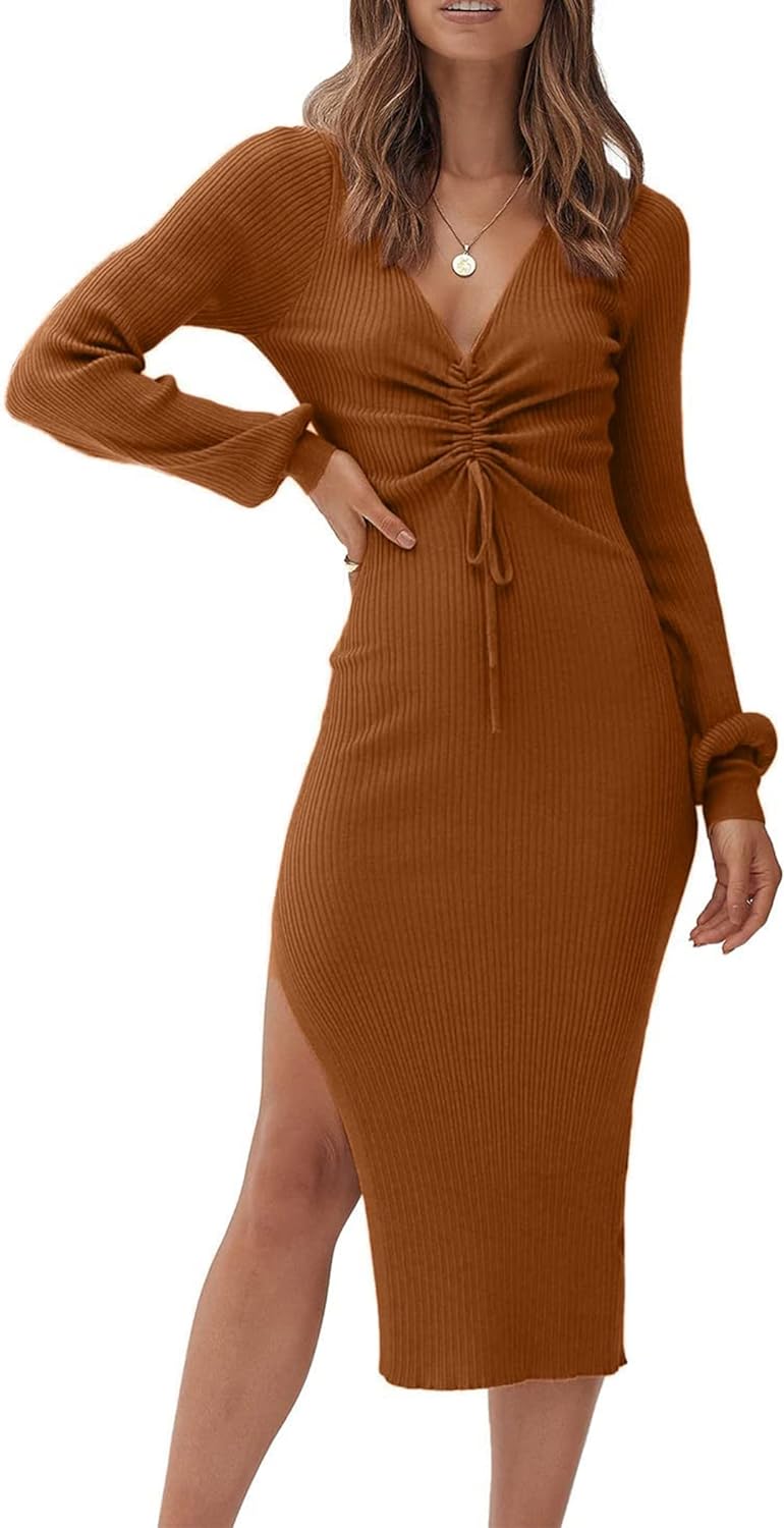 PRETTYGARDEN Women' Midi Sweater Dress Long Lantern Sleeve Ruched V Neck Drawstring Side Slit Knit Bodycon Dresses