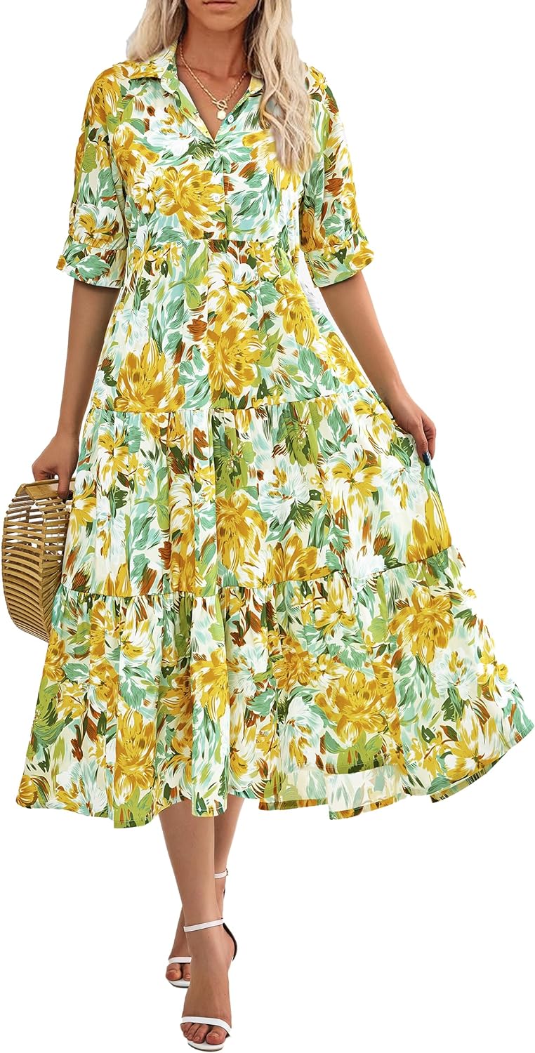 PRETTYGARDEN Summer Dress for Women Short Sleeve Button Up Ruffle A Line Flowy Maxi Dresses