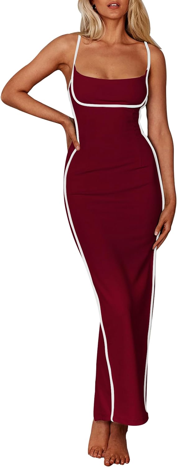 PRETTYGARDEN Women' Summer Long Bodycon Dress Spaghetti Strap Sleeveless Back Slit Maxi Dresses