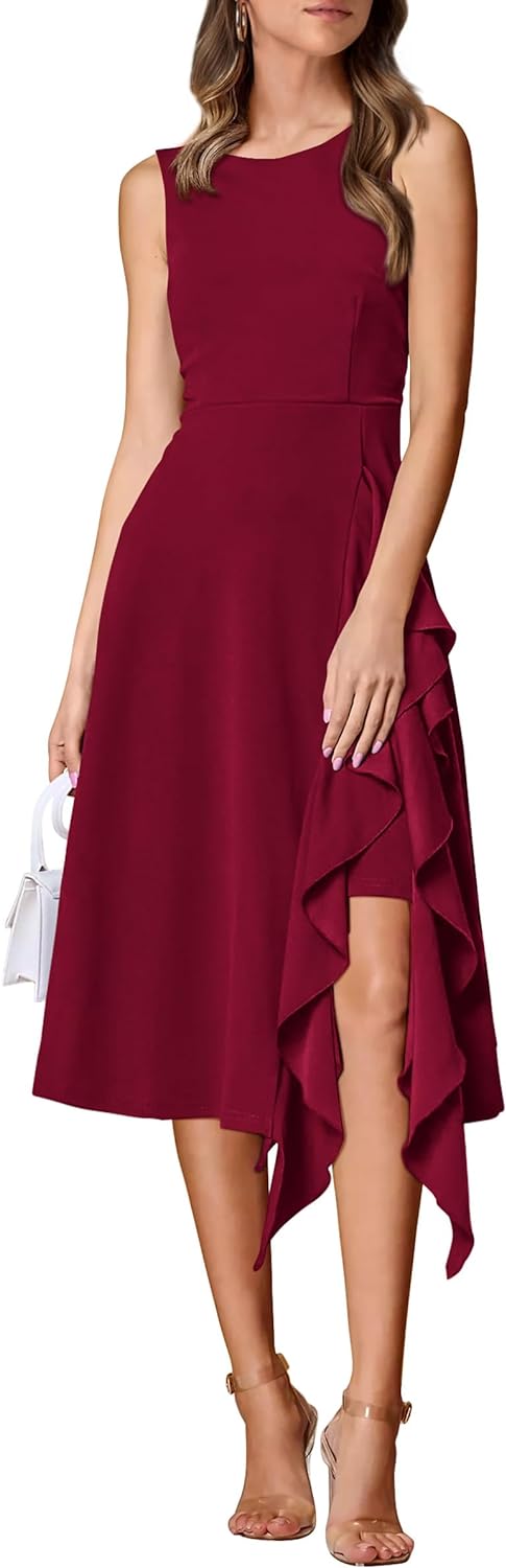 PRETTYGARDEN Women' Midi Summer Dresses Sleeveless Flared A Line Asymmetrical Ruffle Flowy Cocktail Party Dress