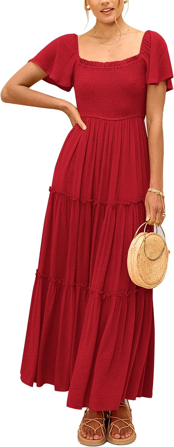 PRETTYGARDEN Women' Summer Maxi Dress Short Sleeve Square Neck Smocked Tiered Ruffle Long Flowy Boho Dresses with Pockets