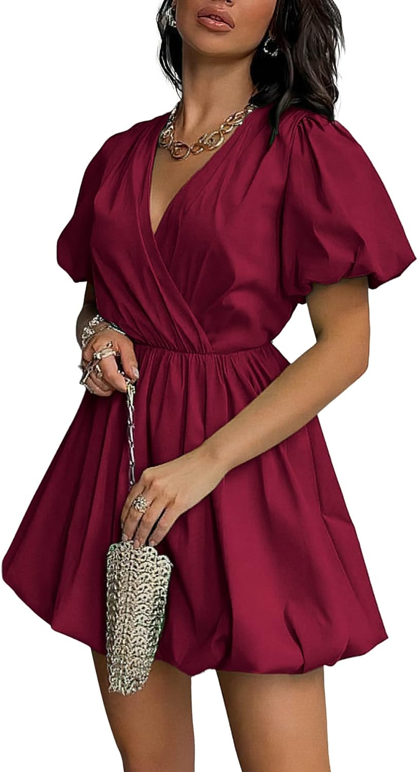 PRETTYGARDEN Women' Short Summer Dresses Casual Puffy Sleeve Wrap V Neck Ruffle Solid Color Flare Dress