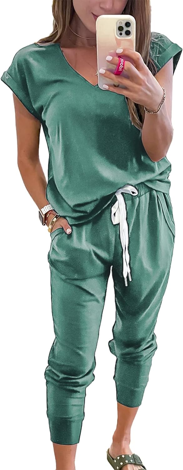 PRETTYGARDEN Women' Two Piece Tracksuit V Neck Short Sleeve Tops Long Pants With Drawstring Outfits Jogger Sets