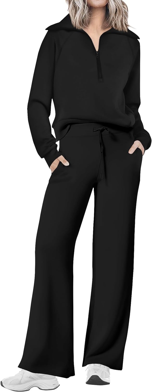 PRETTYGARDEN Women' 2 Piece Outfits Casual Lapel Half Zip Sweatshirts And Wide Leg Pants Tracksuit Sets