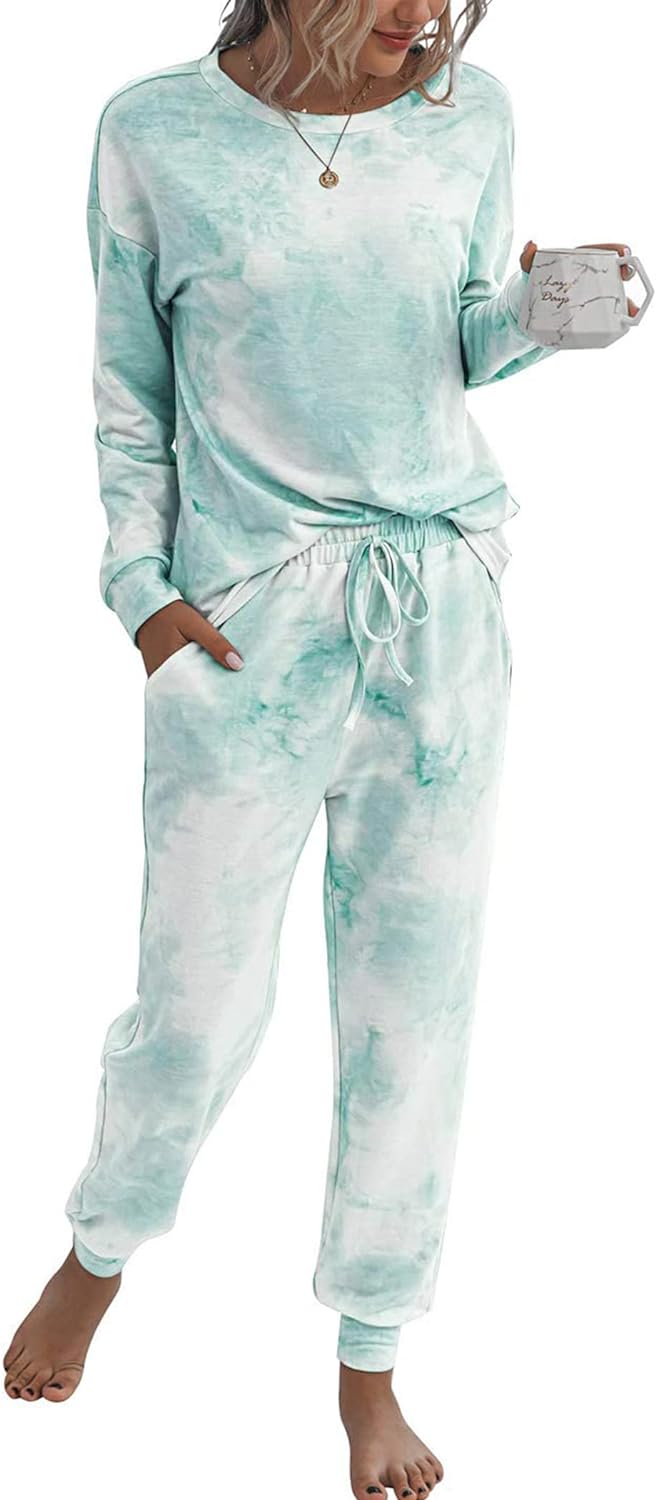 PRETTYGARDEN Women' Tie Dye Two Piece Pajamas Set Casual Long Sleeve Sweatshirt with Long Pants Loungewear