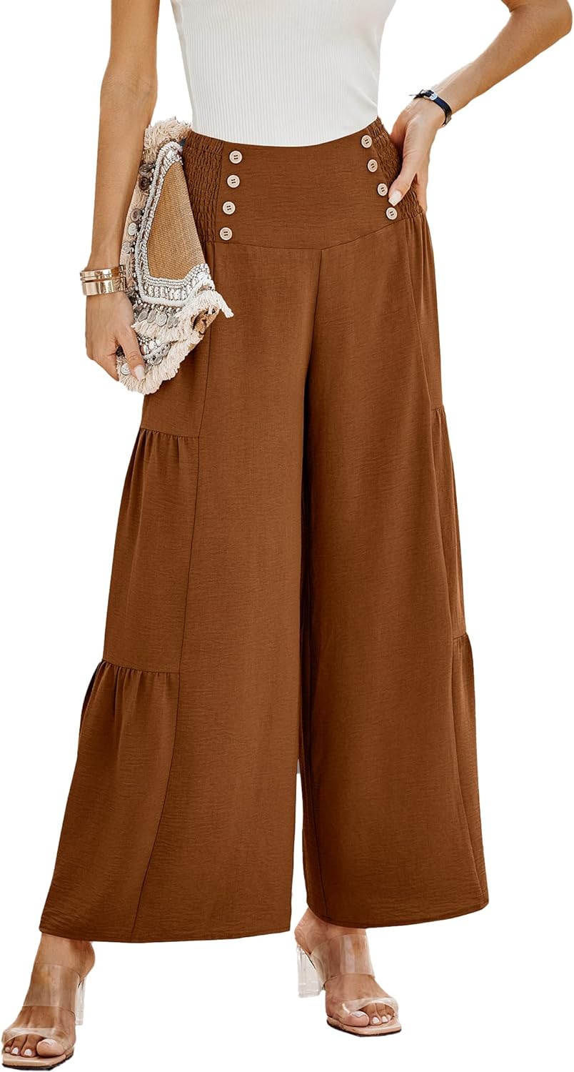 PRETTYGARDEN Women' Casual Long Palazzo Pants Elastic High Waist Wide Leg Loose Lounge Trousers