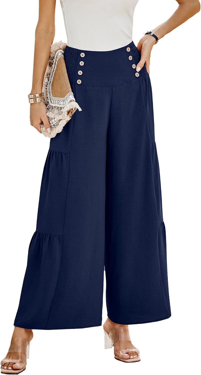 PRETTYGARDEN Women' Casual Long Palazzo Pants Elastic High Waist Wide Leg Loose Lounge Trousers