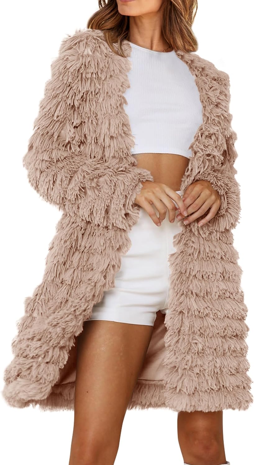 PRETTYGARDEN Women' 2024 Winter Faux Fur Jackets Fall Fashion Open Front Long Shaggy Coat Outerwear