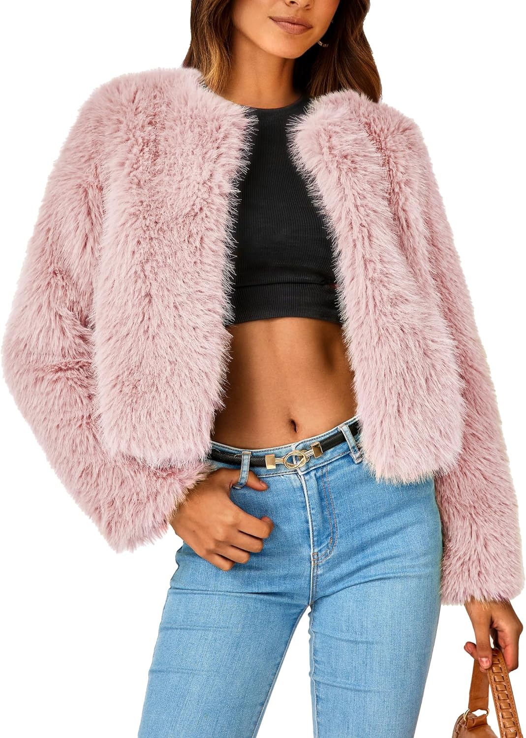 PRETTYGARDEN Women' 2024 Winter Coats Fleece Cropped Jacket Faux Fur Long Sleeve Pockets Shaggy Warm Outerwear Fall Clothes