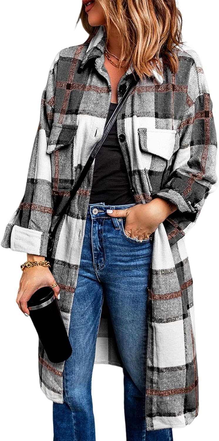 PRETTYGARDEN Women' 2024 Plaid Shacket Jacket Long Sleeve Button Down Shirts Fashion Winter Wool Coats