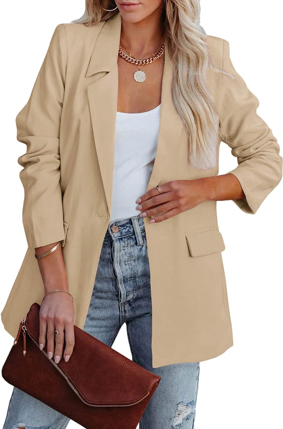 PRETTYGARDEN Women' Casual Blazers Long Sleeve Open Front Button Work Office Blazer Jackets with Pockets