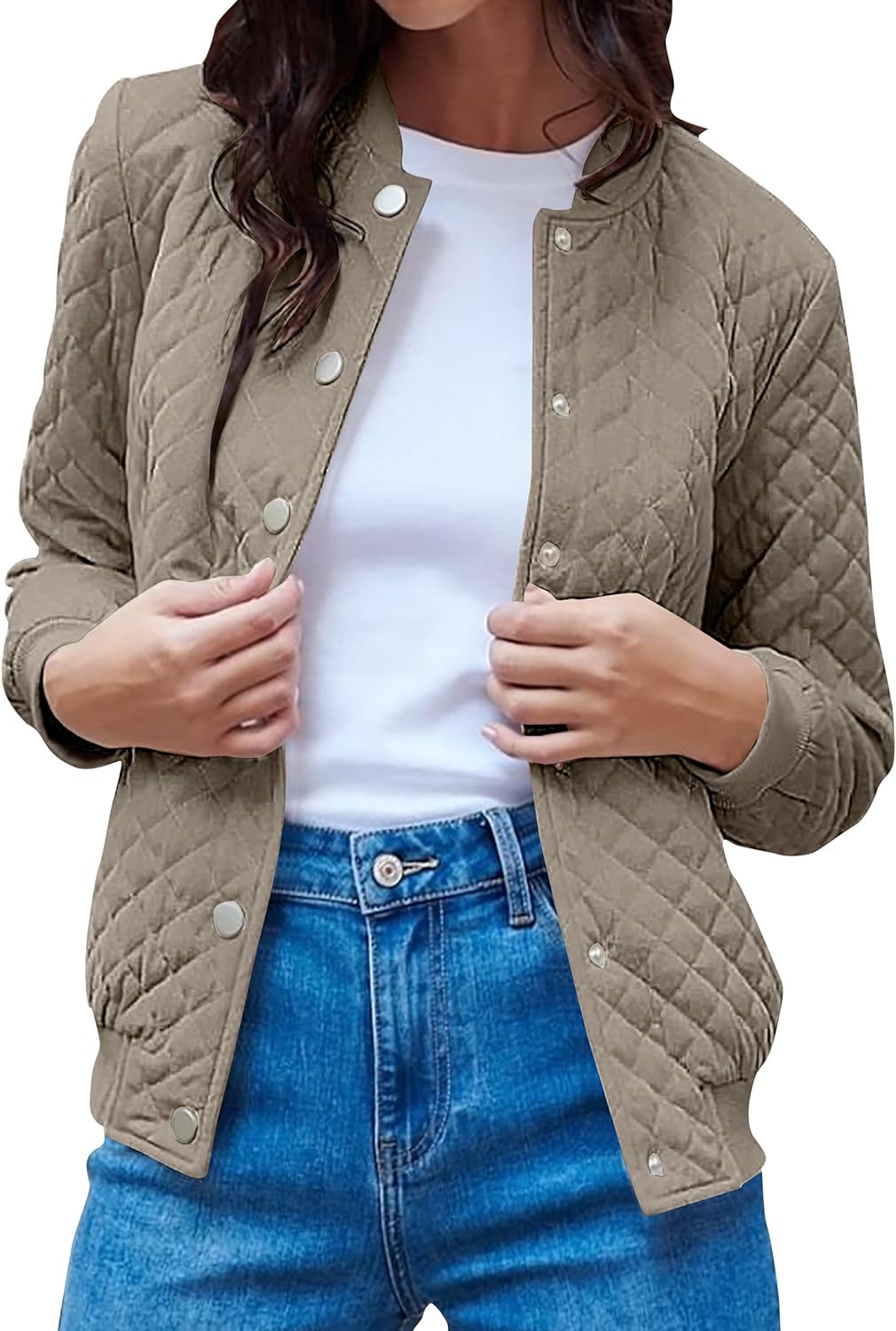 PRETTYGARDEN Womens Winter Quilted Bomber Jacket Long Sleeve Button Down Outerwear Trendy Casual Coats With Pockets