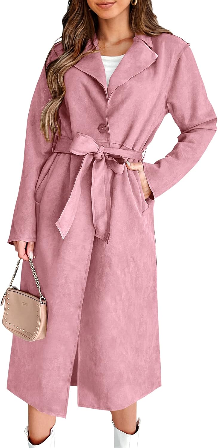 PRETTYGARDEN Women' Fall Fashion Overcoat Faux Suede Shacket Jacket Lapel Belted Long Winter Trench Coats