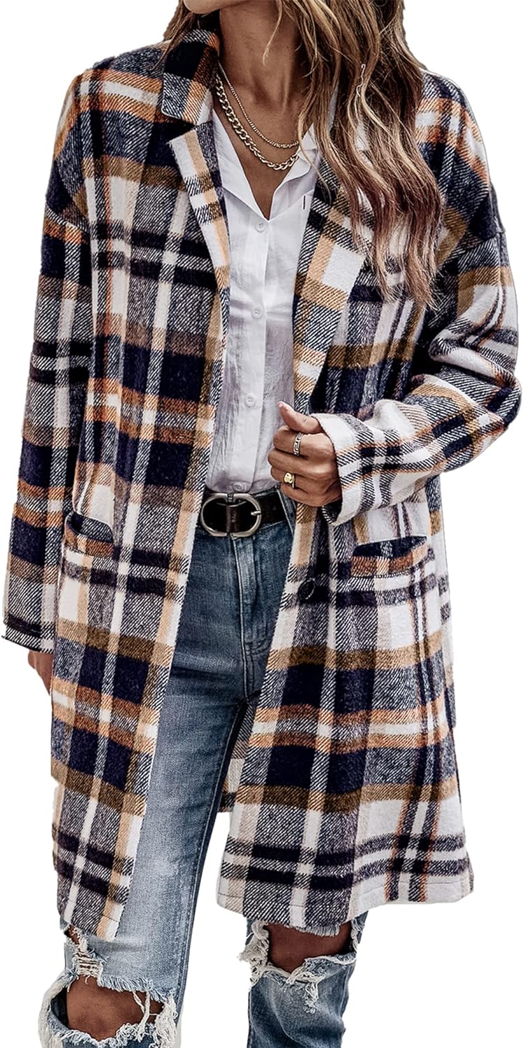 PRETTYGARDEN Women' 2024 Plaid Shacket Jacket Casual Button Wool Blend Winter Tartan Trench Coat With Pockets