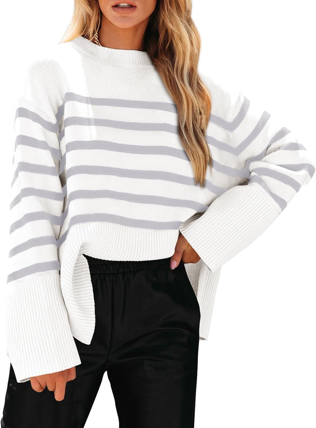 PRETTYGARDEN Women' 2023 Fall Striped Sweater Oversized Long Sleeve Crew Neck Side Slit Casual Trendy Knit Pullover Sweaters