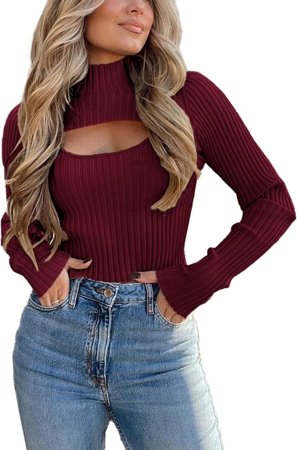 PRETTYGARDEN Women' 2024 Fashion Fall Clothes 2 Piece Cutout Tops Long Sleeve Mock Neck Rib Knit Winter Pullover Sweater