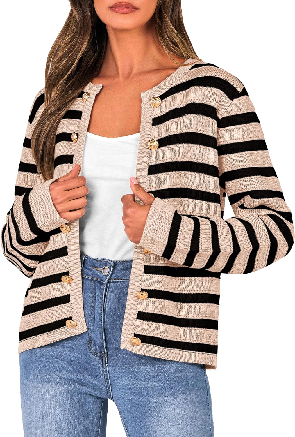 PRETTYGARDEN Women' Striped Cardigan Sweaters Ribbed Knit Long Sleeve Open Front Crewneck Casual Jackets